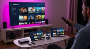 A cozy living room demonstrating Apollo TV IPTV's seamless multi-device synchronization, with the Apollo TV app running simultaneously on a large smart TV, tablet, and smartphone.
