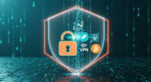 Conceptual image of a glowing digital shield protecting data with VPN and Bitcoin icons.