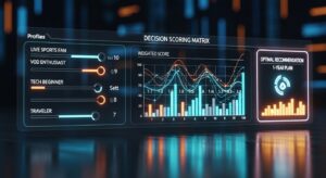 Futuristic holographic interface showing a scoring matrix with sliders set for different user profiles (Live Sports, VOD, Tech Beginner, Traveler) pointing toward an optimal 1-Year Plan recommendation.