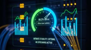 A close-up graphic of network metrics and data streams showing low latency and 4K capability for an Apollo IPTV server.