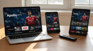 Apollo IPTV subscription working simultaneously on multiple devices including laptop, tablet, and phone.