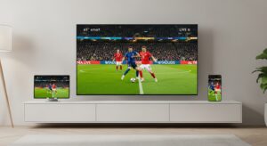 Three screens—a TV, a tablet, and a smartphone—simultaneously streaming the same live soccer match.
