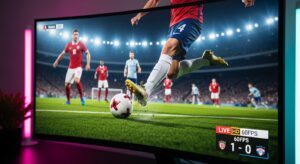 Close-up of a premium monitor displaying a live football match streaming via Apollo TV IPTV in high-definition 60 frames per second, emphasizing smoothness and clarity.